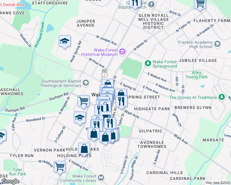 map of restaurants, bars, coffee shops, grocery stores, and more near 150 North White Street in Wake Forest
