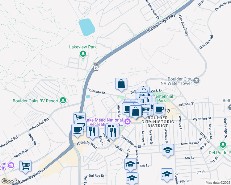 map of restaurants, bars, coffee shops, grocery stores, and more near 1404 Denver Street in Boulder City