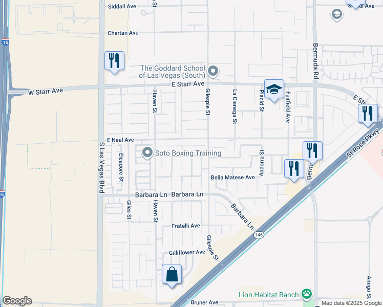 map of restaurants, bars, coffee shops, grocery stores, and more near 166 La Padania Avenue in Las Vegas