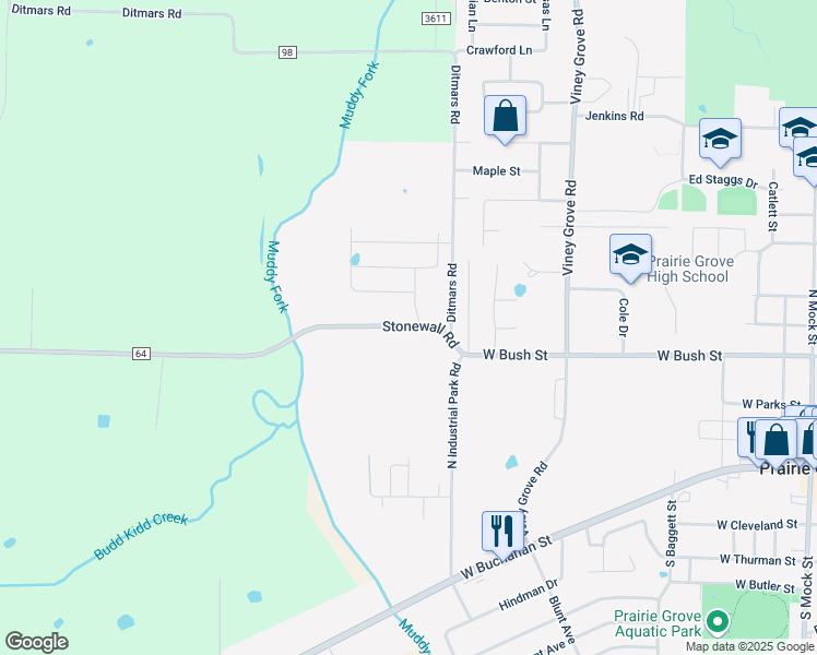map of restaurants, bars, coffee shops, grocery stores, and more near 919 Stonewall Road in Prairie Grove
