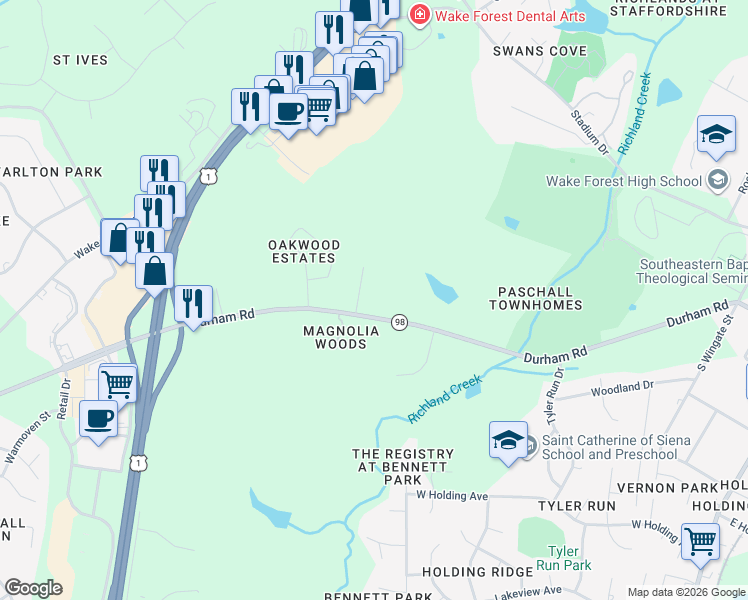 map of restaurants, bars, coffee shops, grocery stores, and more near 732 Durham Road in Wake Forest