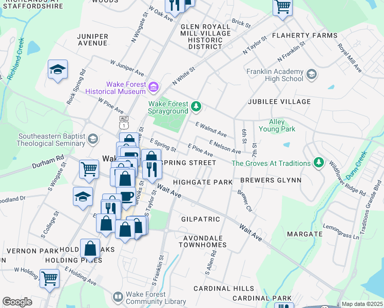 map of restaurants, bars, coffee shops, grocery stores, and more near 208 North Franklin Street in Wake Forest
