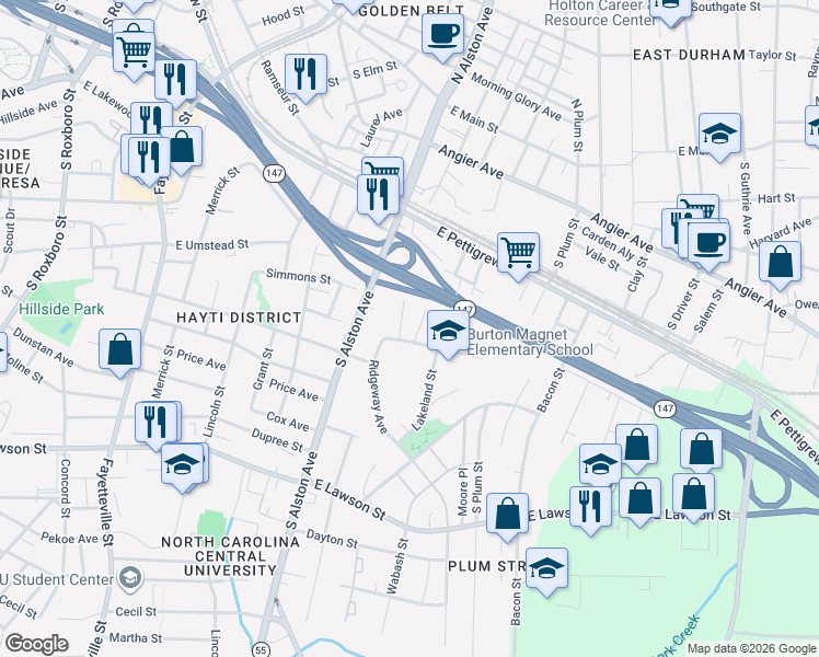 map of restaurants, bars, coffee shops, grocery stores, and more near 500 Eugene Street in Durham