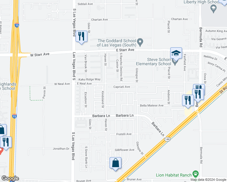 map of restaurants, bars, coffee shops, grocery stores, and more near 124 La Padania Avenue in Las Vegas