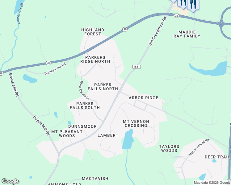 map of restaurants, bars, coffee shops, grocery stores, and more near 12905 Old Creedmoor Road in Raleigh