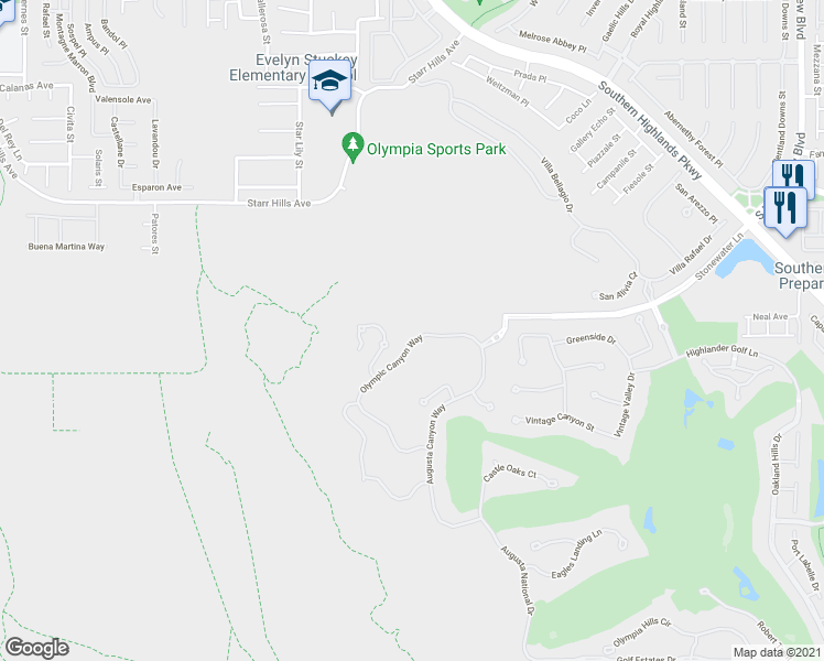 map of restaurants, bars, coffee shops, grocery stores, and more near 23 Olympia Canyon Way in Las Vegas