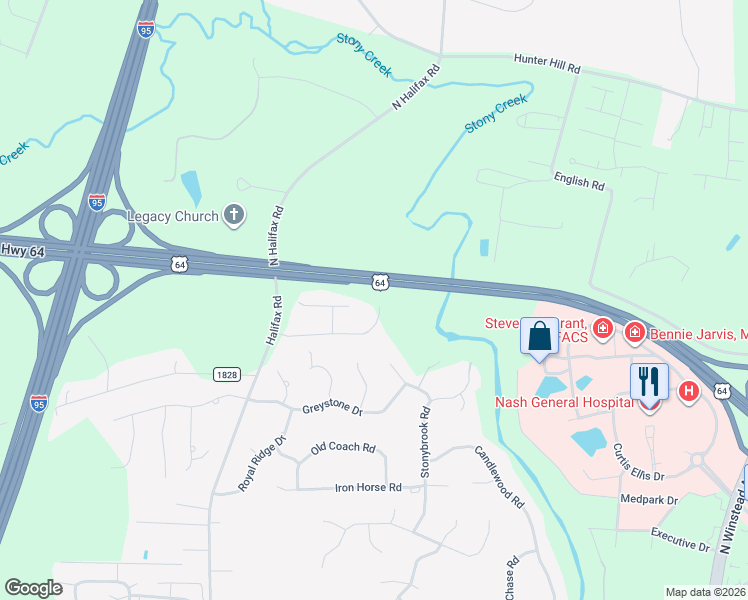 map of restaurants, bars, coffee shops, grocery stores, and more near U.S. 64 in Rocky Mt