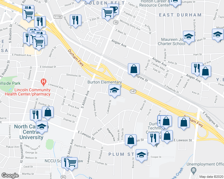 map of restaurants, bars, coffee shops, grocery stores, and more near 422 Lakeland Street in Durham