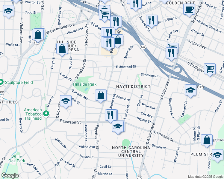 map of restaurants, bars, coffee shops, grocery stores, and more near 1301 State Road 1118 in Durham