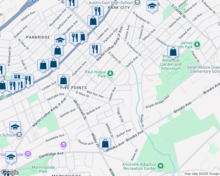map of restaurants, bars, coffee shops, grocery stores, and more near 2437 Selma Avenue in Knoxville