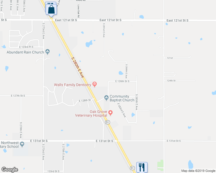 map of restaurants, bars, coffee shops, grocery stores, and more near 12699 South 281 East Avenue in Coweta