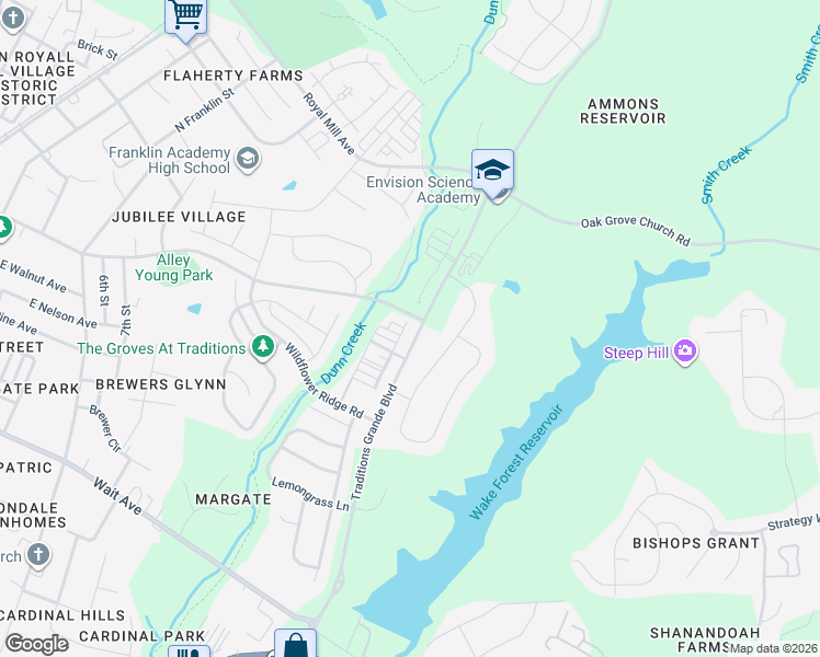 map of restaurants, bars, coffee shops, grocery stores, and more near 526 Retreat Lane in Wake Forest