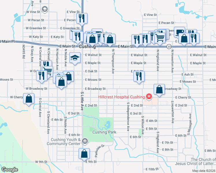 map of restaurants, bars, coffee shops, grocery stores, and more near 736 East Broadway Street in Cushing