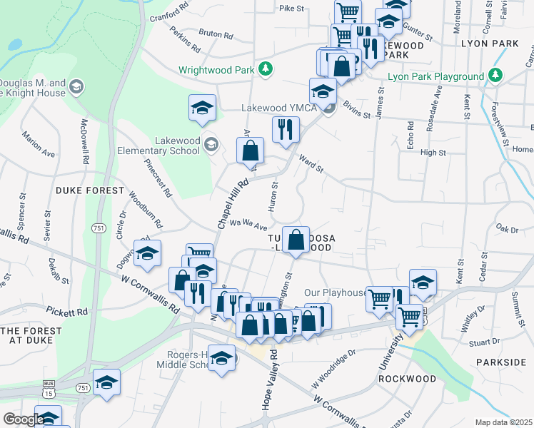 map of restaurants, bars, coffee shops, grocery stores, and more near 2403 Huron Street in Durham