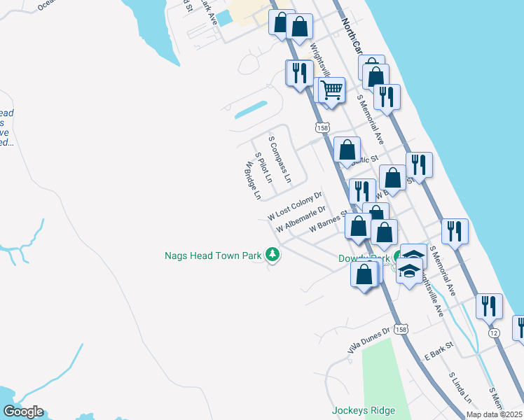 map of restaurants, bars, coffee shops, grocery stores, and more near in Nags Head