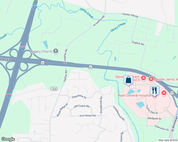 map of restaurants, bars, coffee shops, grocery stores, and more near U.S. 64 in Rocky Mt