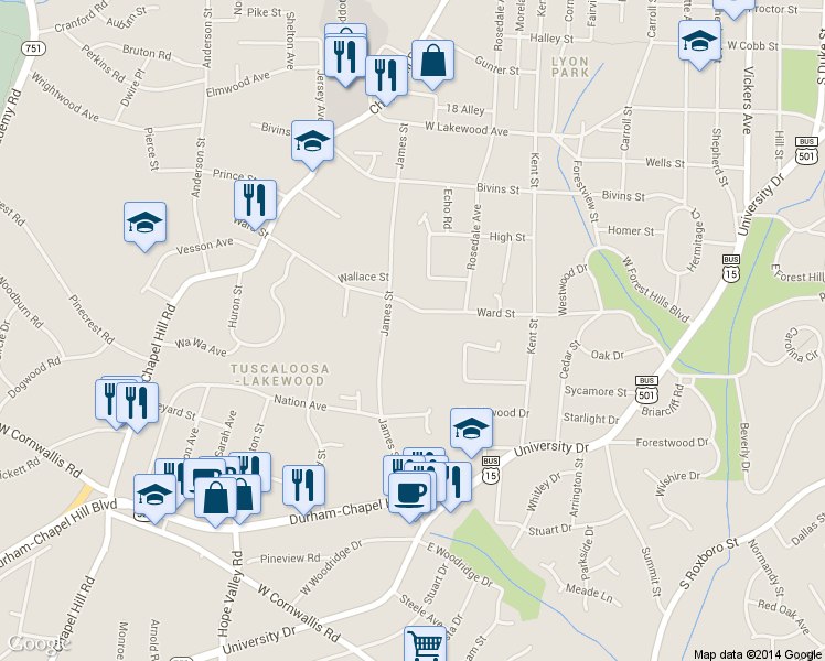 map of restaurants, bars, coffee shops, grocery stores, and more near 1600 Cliff Street in Durham
