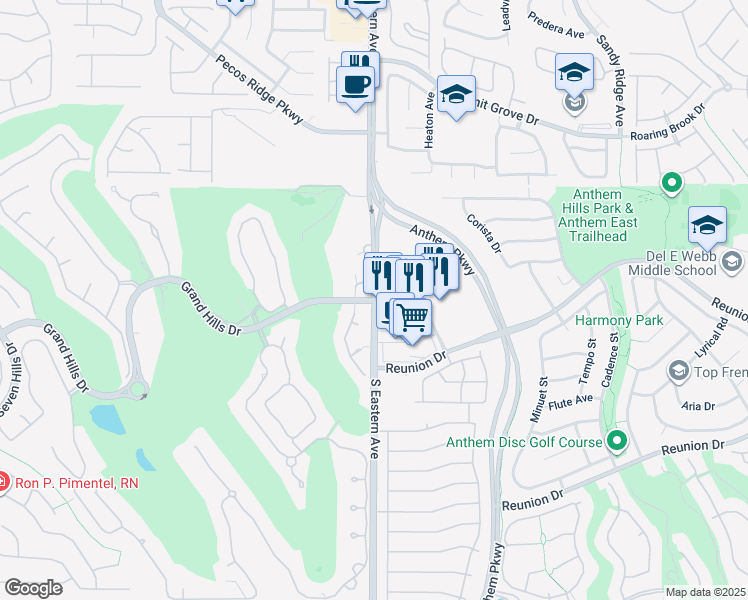 map of restaurants, bars, coffee shops, grocery stores, and more near S Eastern Ave & Grand Hills Dr in Henderson