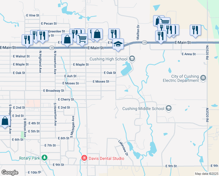 map of restaurants, bars, coffee shops, grocery stores, and more near 1504 East Broadway Street in Cushing