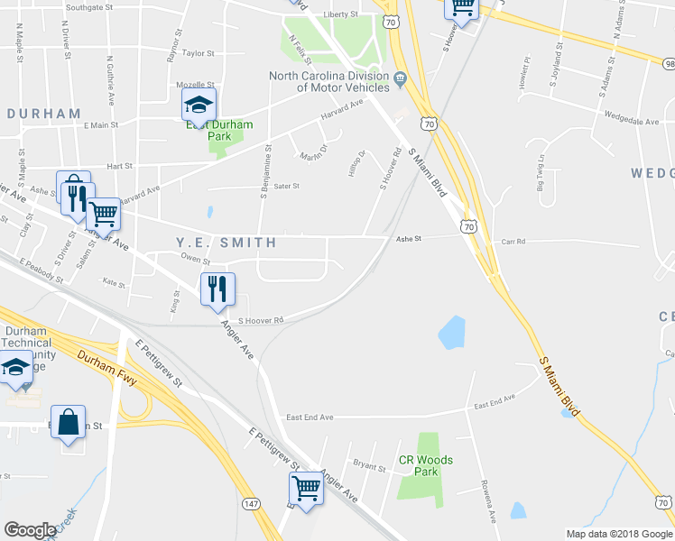 map of restaurants, bars, coffee shops, grocery stores, and more near 2806 Owen Street in Durham