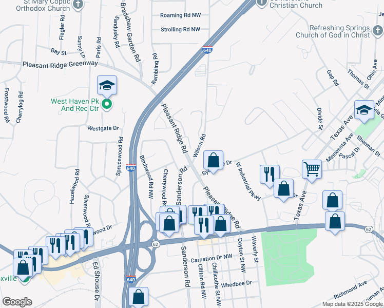 map of restaurants, bars, coffee shops, grocery stores, and more near 3900 Pleasant Ridge Road in Knoxville