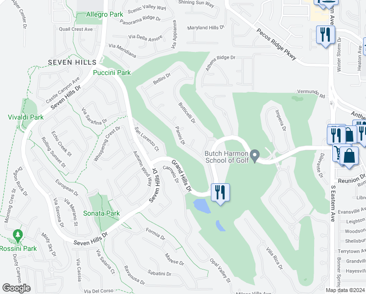 map of restaurants, bars, coffee shops, grocery stores, and more near 1327 Panini Drive in Henderson