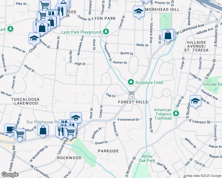 map of restaurants, bars, coffee shops, grocery stores, and more near 34 Oak Drive in Durham