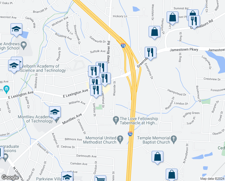 map of restaurants, bars, coffee shops, grocery stores, and more near 1141 Wayside Street in High Point