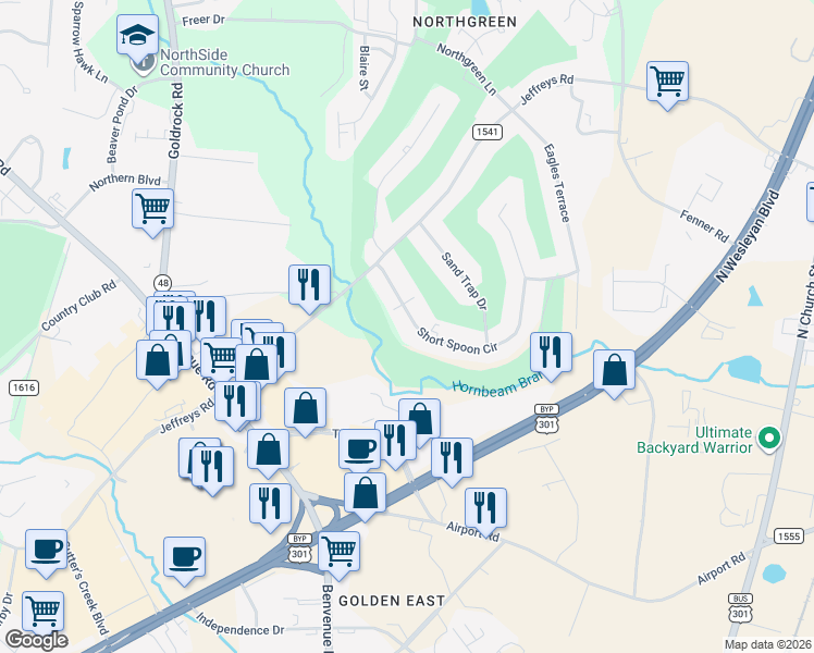 map of restaurants, bars, coffee shops, grocery stores, and more near 620 Short Spoon Circle in Rocky Mount