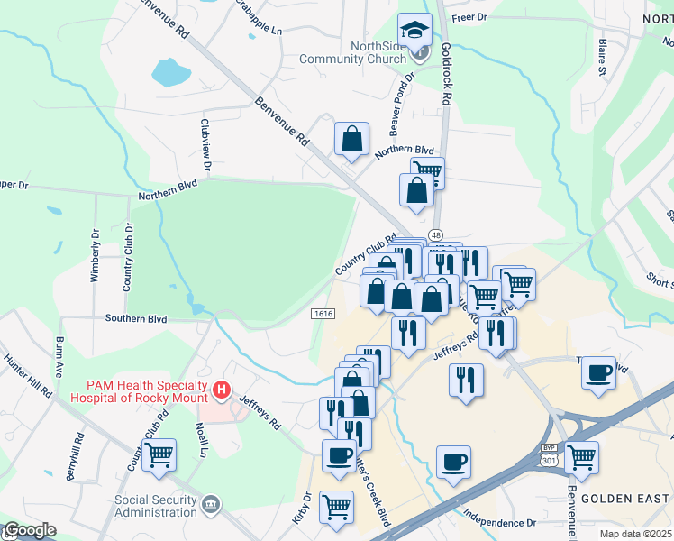 map of restaurants, bars, coffee shops, grocery stores, and more near 31 Cobb Road in Rocky Mount