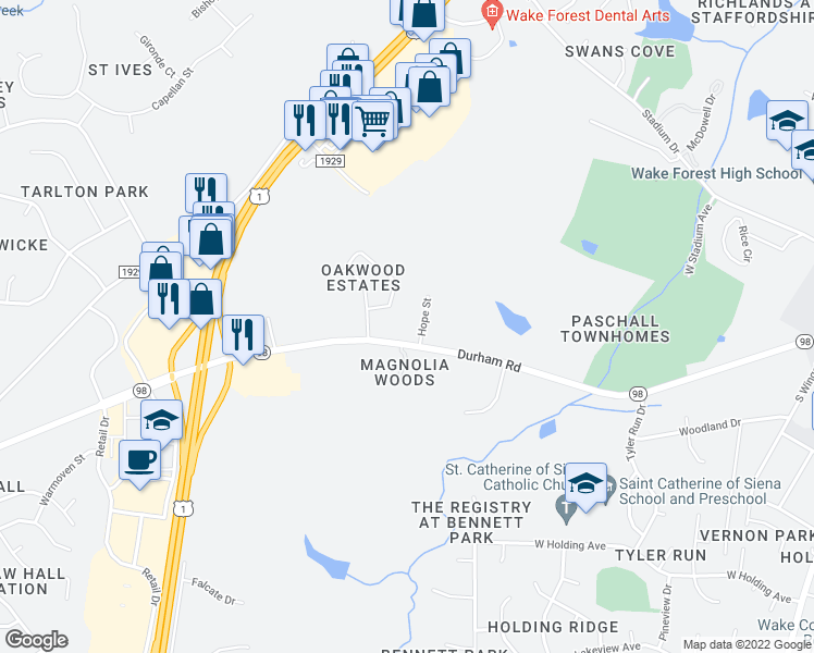 map of restaurants, bars, coffee shops, grocery stores, and more near 774 Durham Road in Wake Forest