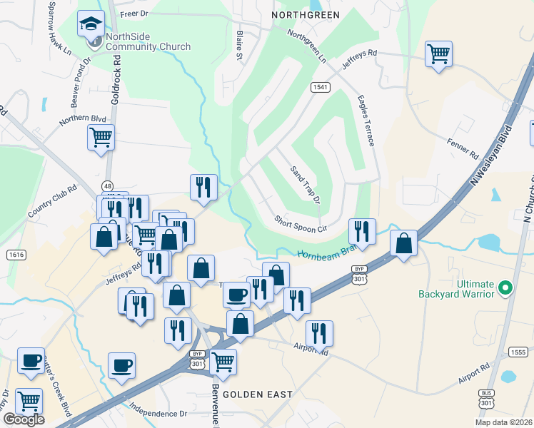 map of restaurants, bars, coffee shops, grocery stores, and more near 620 Short Spoon Circle in Rocky Mount