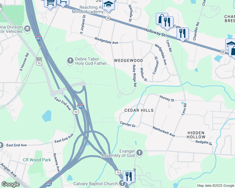 map of restaurants, bars, coffee shops, grocery stores, and more near 314 South Woodcrest Street in Durham