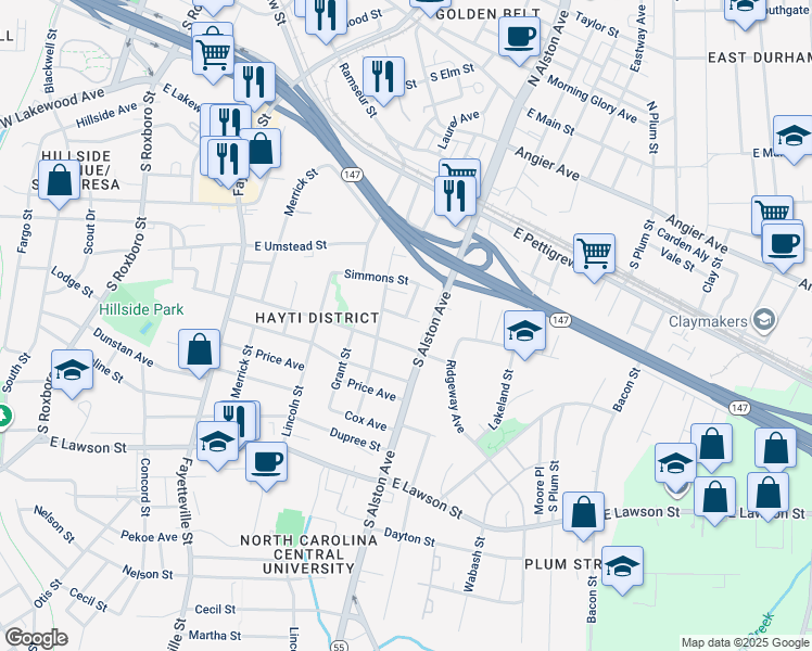 map of restaurants, bars, coffee shops, grocery stores, and more near 1104 Jacob Street in Durham