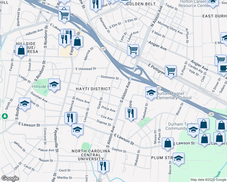 map of restaurants, bars, coffee shops, grocery stores, and more near 1102 Jacob Street in Durham