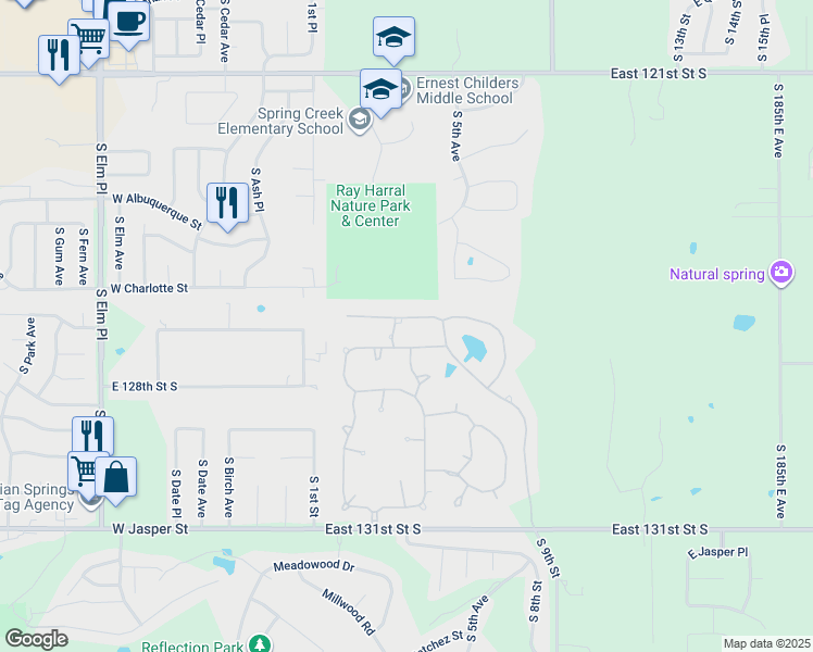 map of restaurants, bars, coffee shops, grocery stores, and more near 401 East Decatur Street in Broken Arrow