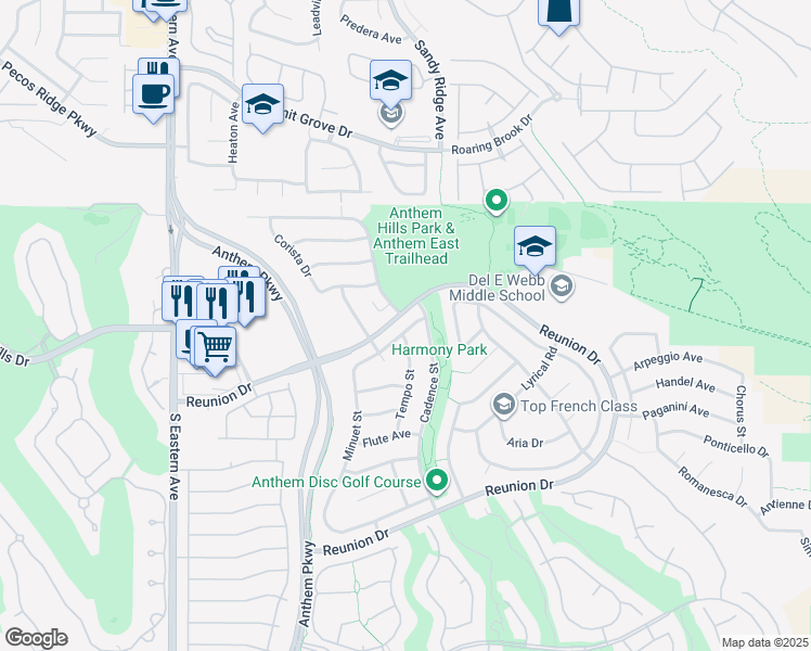 map of restaurants, bars, coffee shops, grocery stores, and more near 2358 Spirito Avenue in Henderson