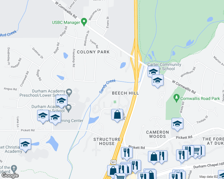 map of restaurants, bars, coffee shops, grocery stores, and more near 61 Stoneridge Road in Durham