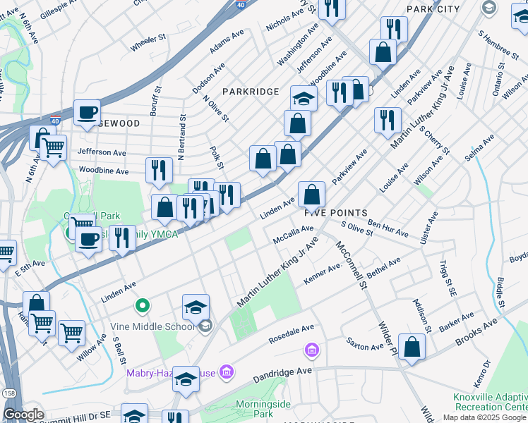 map of restaurants, bars, coffee shops, grocery stores, and more near 2115 Linden Avenue in Knoxville