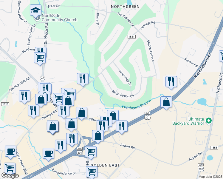 map of restaurants, bars, coffee shops, grocery stores, and more near 625 Short Spoon Circle in Rocky Mount