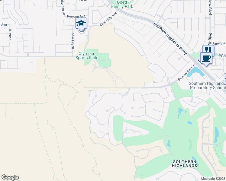 map of restaurants, bars, coffee shops, grocery stores, and more near 15 Olympia Canyon Way in Las Vegas