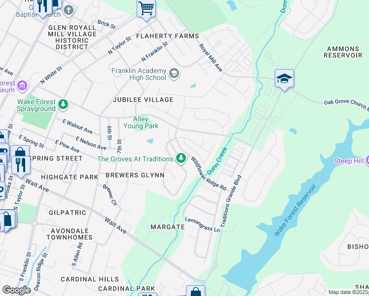 map of restaurants, bars, coffee shops, grocery stores, and more near 825 Wildflower Ridge Road in Wake Forest