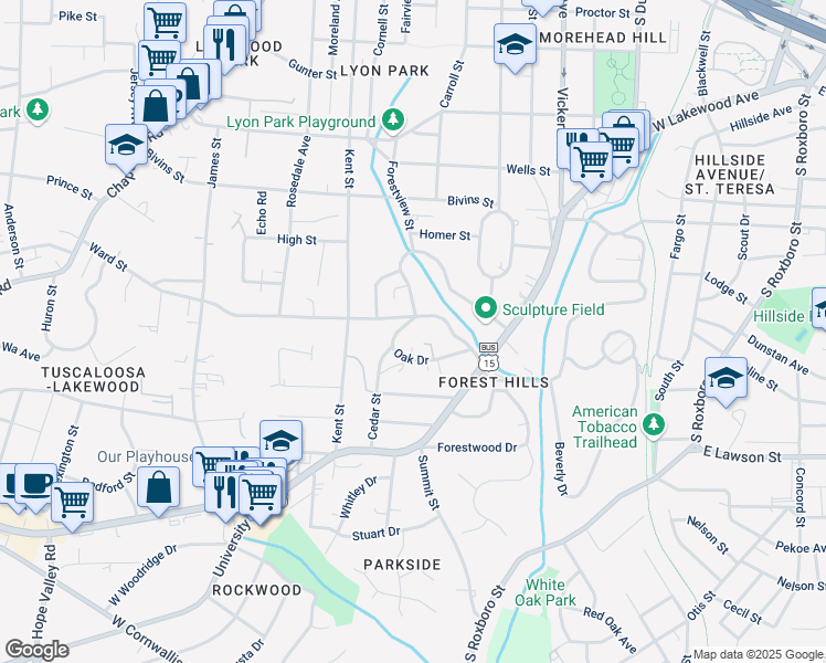 map of restaurants, bars, coffee shops, grocery stores, and more near 34 Oak Drive in Durham
