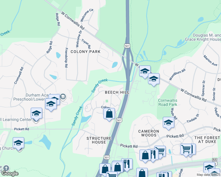 map of restaurants, bars, coffee shops, grocery stores, and more near 74 Stoneridge Road in Durham