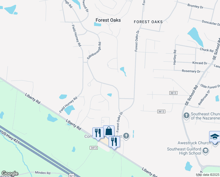 map of restaurants, bars, coffee shops, grocery stores, and more near 5106 Edinborough Road in Greensboro