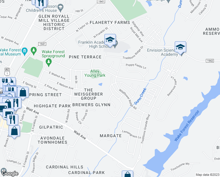 map of restaurants, bars, coffee shops, grocery stores, and more near 925 Woodland Grove Way in Wake Forest