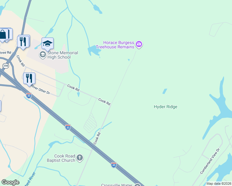 map of restaurants, bars, coffee shops, grocery stores, and more near 111 Beehive Lane in Crossville