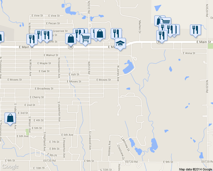 map of restaurants, bars, coffee shops, grocery stores, and more near 1504 E Broadway St in Cushing