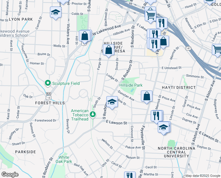 map of restaurants, bars, coffee shops, grocery stores, and more near 109 Bond Street in Durham