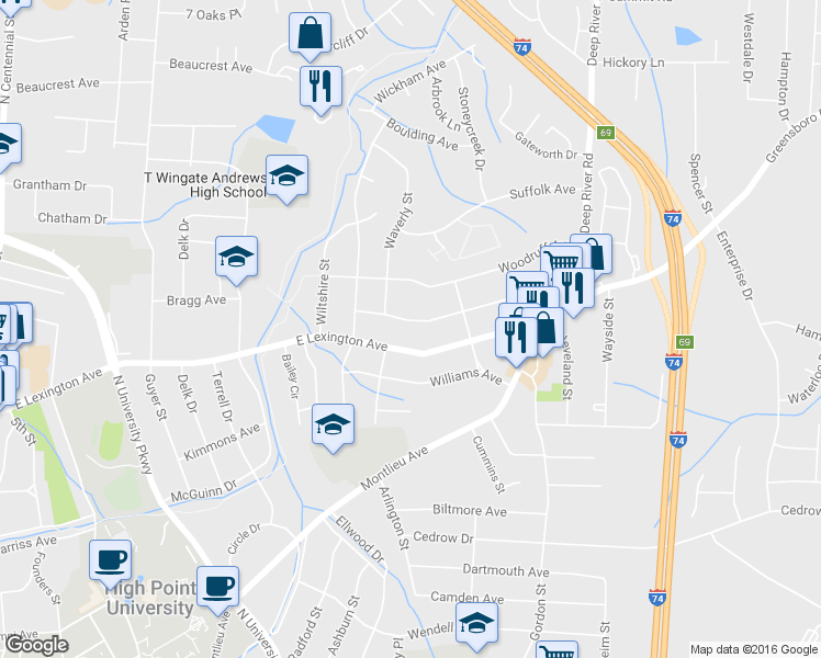 map of restaurants, bars, coffee shops, grocery stores, and more near 2408 Dallas Avenue in High Point